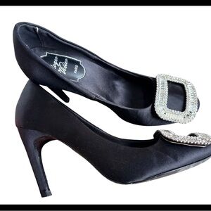 Roger Vivier Black Satin Pumps with Crystal Buckle